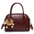 Minimalist deep red faux leather boston handbag with plush bear charm and crossbody strap - Three-Piece Set / Wine Red Set