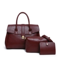 Three-piece set of burgundy leather handbags with golden hardware and flap closure - Wine Red Set