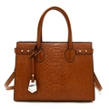 Brown crocodile embossed tote bag with dual handles and silver hardware on white background - Tan