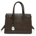 Dark brown faux crocodile embossed leather tote bag with top handles and crossbody strap - Khaki