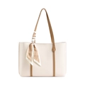 Bolso tote beige minimalista con asas marrones y detalle de pañuelo de seda estampado - Blanco Roto