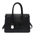 Classic black embossed leather handbag with top handles and silver hardware on white background - Black