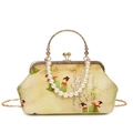 Retro shoulder bag with Chinese embroidery, pearl handle, and metallic chain strap - Green