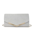 Sparkling silver envelope clutch bag with gold V-bar accent and elegant metal chain strap - Silver
