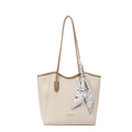 Grande borsa tote in pelle bianco crema con cinturini marroni e sciarpa in seta marmorizzata - Bianco Sporco