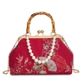 Borsa in broccato rosso con manico in bambù, perle e ricami in stile retrò cinese - Rosso