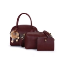 Three-piece burgundy PU leather handbag set including crossbody bag and cute bear charm - Burgundy