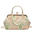 Retro light green silk embroidery clutch bag with pearl handle and metal chain strap - Silver