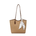 Borsa tote grande in pelle marrone con finitura martellata e foulard decorativo - Cachi
