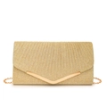 Sparkling gold glitter envelope evening clutch bag with V-shaped metal trim and chain - Gold