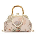 Borsa a conchiglia vintage con manico in bambù e tessuto ricamato beige - Bianco Sporco