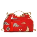 Bolso bordado rojo estilo conejo con correa de cadena dorada y detalle de borla - Rojo