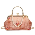 Vintage pink satin crossbody bag with traditional Chinese maiden print and pearl strap - Pink