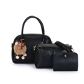 Black 3-piece faux leather bag set including tote and clutch with a cute bear charm - Three-Piece Set / Black Zirconia Set