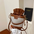 Borsa a secchiello retrò in pelle marrone e tela crema con chiusura a coulisse - Marrone