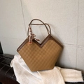 Brown checkered embossed tote bag with V-cut top and decorative scarf on handle - Brown