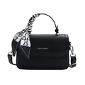 Black pebbled leather crossbody bag with decorative scarf handle and silver hardware - Black