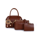 Three-piece brown PU leather handbag set with a cute lion charm on a white background - Three-Piece Set / Light Brown Set