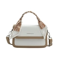 Borsa minimalista crema e cuoio con sciarpa decorativa stampata sul manico superiore - Cachi Bianco