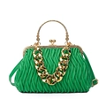 Emerald green pleated leather shoulder bag with vintage gold handle and chain strap - Green