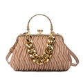 Beige pleated晚宴包 featuring pearl-embellished ring handle and gold chunky chain strap - Khaki
