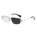 Fashionable rimless sunglasses with gradient lenses and gold C-shaped metal accents - Gold Frame Blue Pink Photochromic Grey