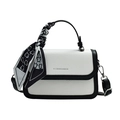 White pebbled leather crossbody bag with black trim and elegant silk scarf handle - Black and White