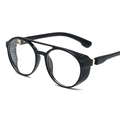 Retro steampunk round sunglasses with black double bridge frames and side shields - Glossy Black Clear Lens