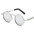 Retro punk silver metal round sunglasses with mechanical spring temple detail on white backdrop - Silver Frame White Mirror Lens