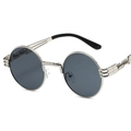 Retro steampunk round sunglasses with silver metal frame and spring temples for men - Silver Frame Grey Lens