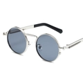 Silver steampunk sunglasses with round metal frames and blue lenses in a side view - Silver Frame Grey Lens