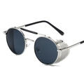 Steampunk round sunglasses with silver metal frame and mesh side shields for men and women - Silver Frame Grey Lens
