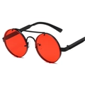 Retro punk round sunglasses featuring red lenses with black metal spring temple design - Gold Frame Red Lenses