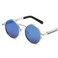 Retro punk round metal sunglasses with blue gradient lenses and silver spring temples - Silver Frame Ice Blue Lens