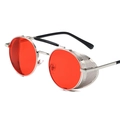 Occhiali steampunk tondi con montatura in metallo argento, lenti rosse e paraocchi - Montatura Argento Lente Rossa