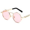 Steampunk round sunglasses with pink lenses and gold metal spring hinge design - Gold Frame Pink Lenses
