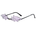 Unique bat-shaped rimless sunglasses with purple lenses and black temples - Black Frame Purple Mirror Lens