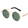 Steampunk gold metal round sunglasses with dark green lenses and spring hinge details - Gold Frame G15 Green Lens