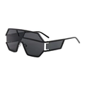 Oversized geometric one-piece lens sunglasses in matte black with hollowed-out temples - Black Frame Grey Lens