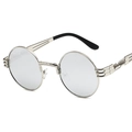Steampunk round sunglasses with silver metal frame and spring temple design - Silver Frame White Mirror Lens