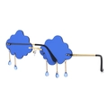 Cloud shaped sunglasses with blue lenses and dangling water drop charms on gold frames - Gold Frame Dark Blue Lens