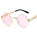 Steampunk round sunglasses with pink lenses and gold metal spring legs design - Gold Frame Pink Lenses