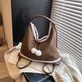 Brown tote bag with white plush trim, decorative bow and twin pom-poms on long strap - Brown