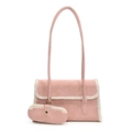 Borsa a spalla in camoscio rosa con bordo in finta pelliccia bianca e mini borsellino - Rosa