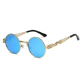 Steampunk round sunglasses with gold metal frame and vibrant blue lenses for men - Gold Frame Ice Blue Lens