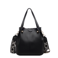 Classic black lychee pattern leather bucket bag with geometric woven wide strap - Black