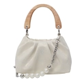 Chic cream ruched handbag with wooden top handle and elegant faux pearl chain detail - Off White