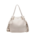 Cream white bucket bag with pebble leather and ethnic style wide woven shoulder strap - Off White