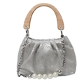 Silver pleated handbag with wooden handle, metal chain and pearl decoration - Silver