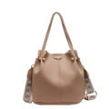 Chic beige bucket bag with textured leather finish and ethnic style wide shoulder strap - Khaki